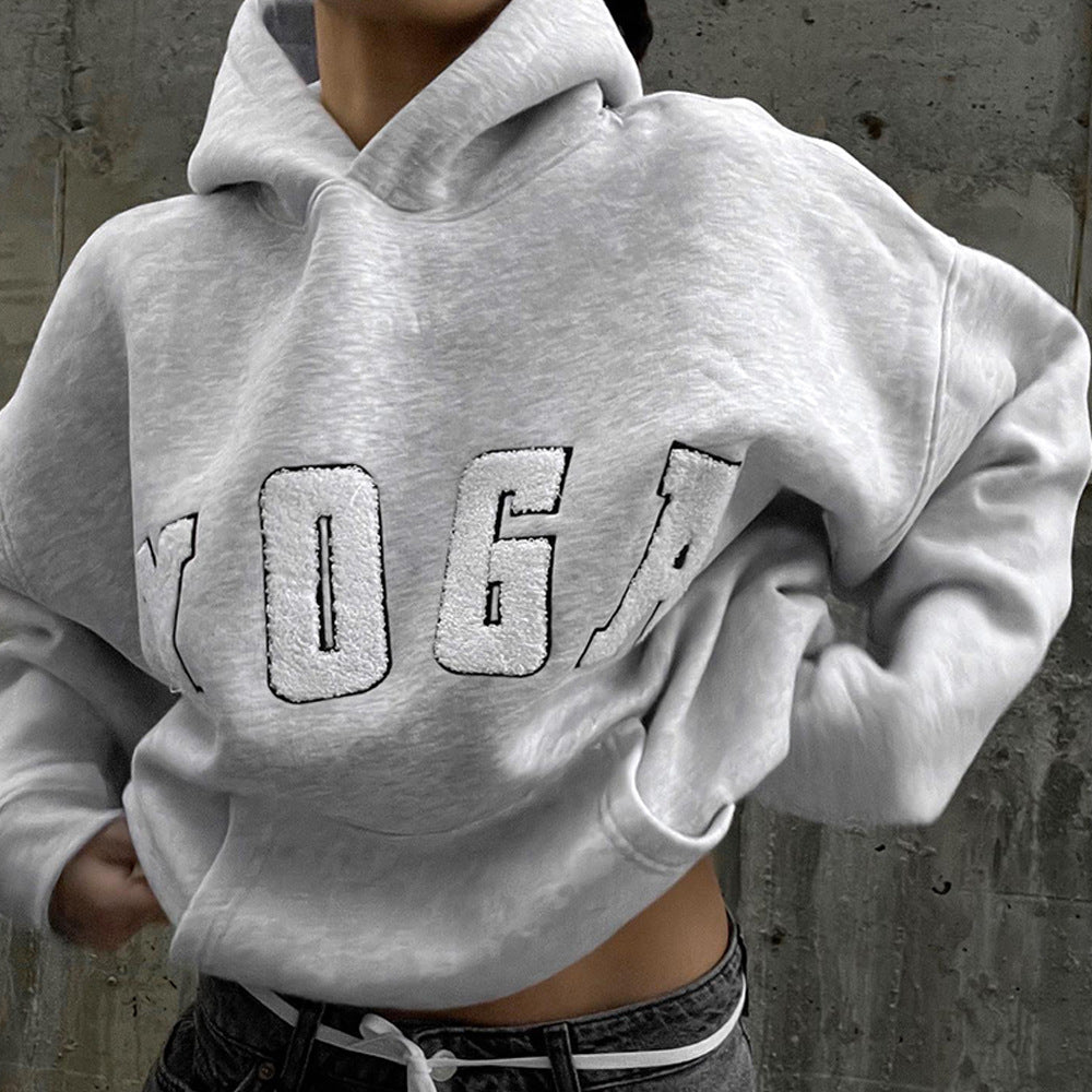 Casual Gray Embroidered Yoga Letter Print Loose Hooded Women's Sweater