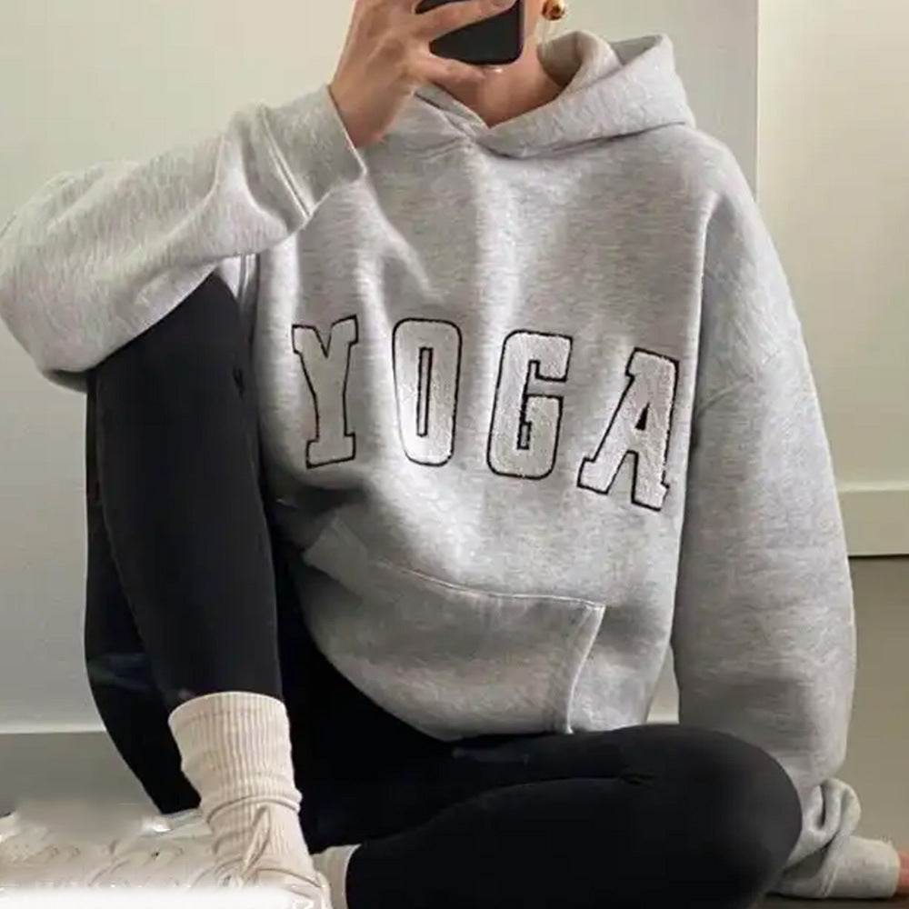 Casual Gray Embroidered Yoga Letter Print Loose Hooded Women's Sweater