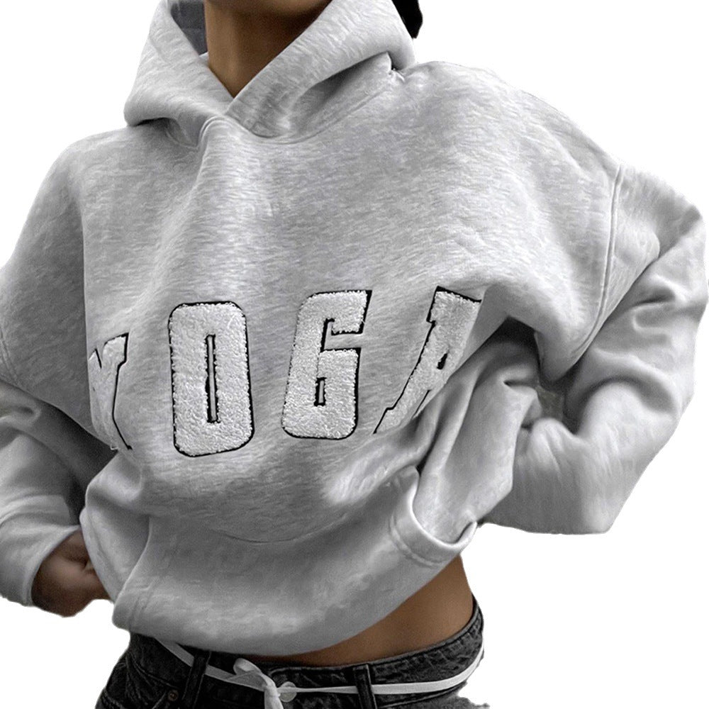 Casual Gray Embroidered Yoga Letter Print Loose Hooded Women's Sweater