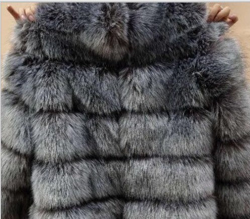 Women faux fur coat, winter long night hat crew neck outwear plush warm winter coat