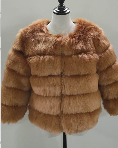 Women faux fur coat, winter long night hat crew neck outwear plush warm winter coat