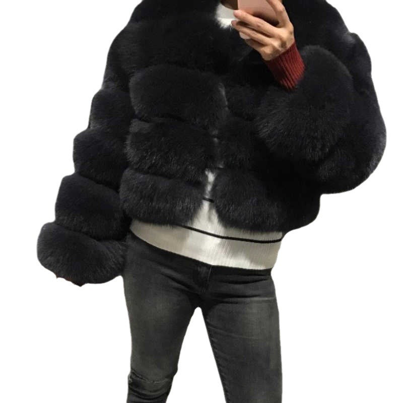 Women faux fur coat, winter long night hat crew neck outwear plush warm winter coat