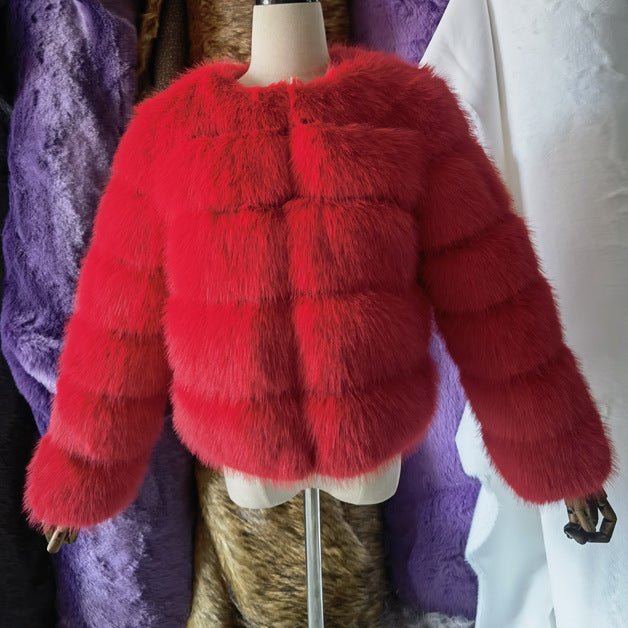 Women faux fur coat, winter long night hat crew neck outwear plush warm winter coat
