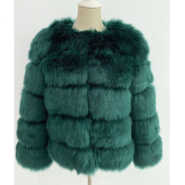 Women faux fur coat, winter long night hat crew neck outwear plush warm winter coat