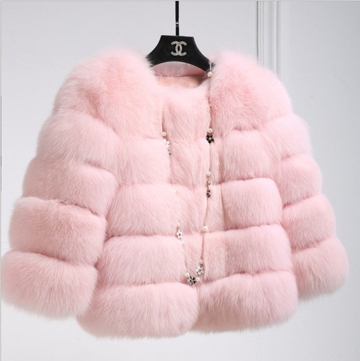 Women faux fur coat, winter long night hat crew neck outwear plush warm winter coat