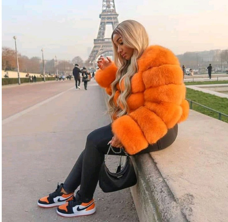 Women faux fur coat, winter long night hat crew neck outwear plush warm winter coat