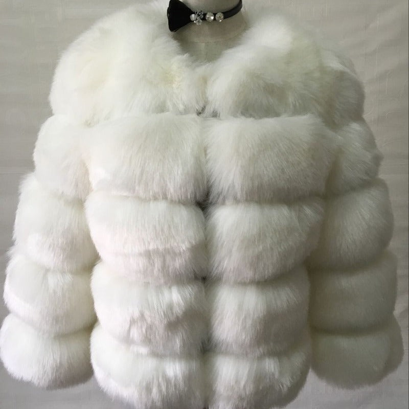 Women faux fur coat, winter long night hat crew neck outwear plush warm winter coat