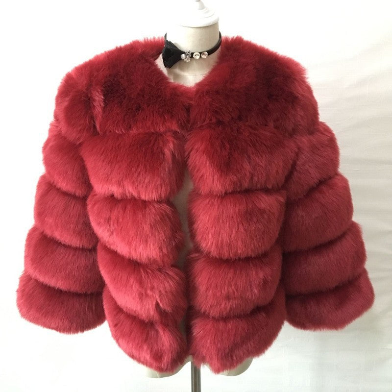 Women faux fur coat, winter long night hat crew neck outwear plush warm winter coat