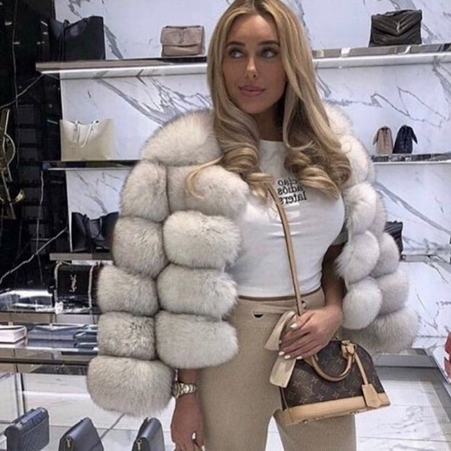 Women faux fur coat, winter long night hat crew neck outwear plush warm winter coat